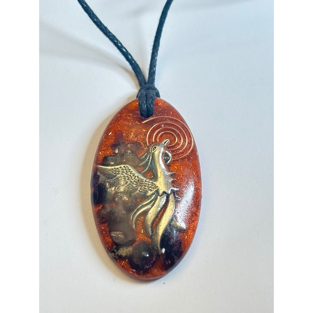 Phoenix Orgone Pendant Necklace Orange Resin Silver Bird Spiritual Jewelry